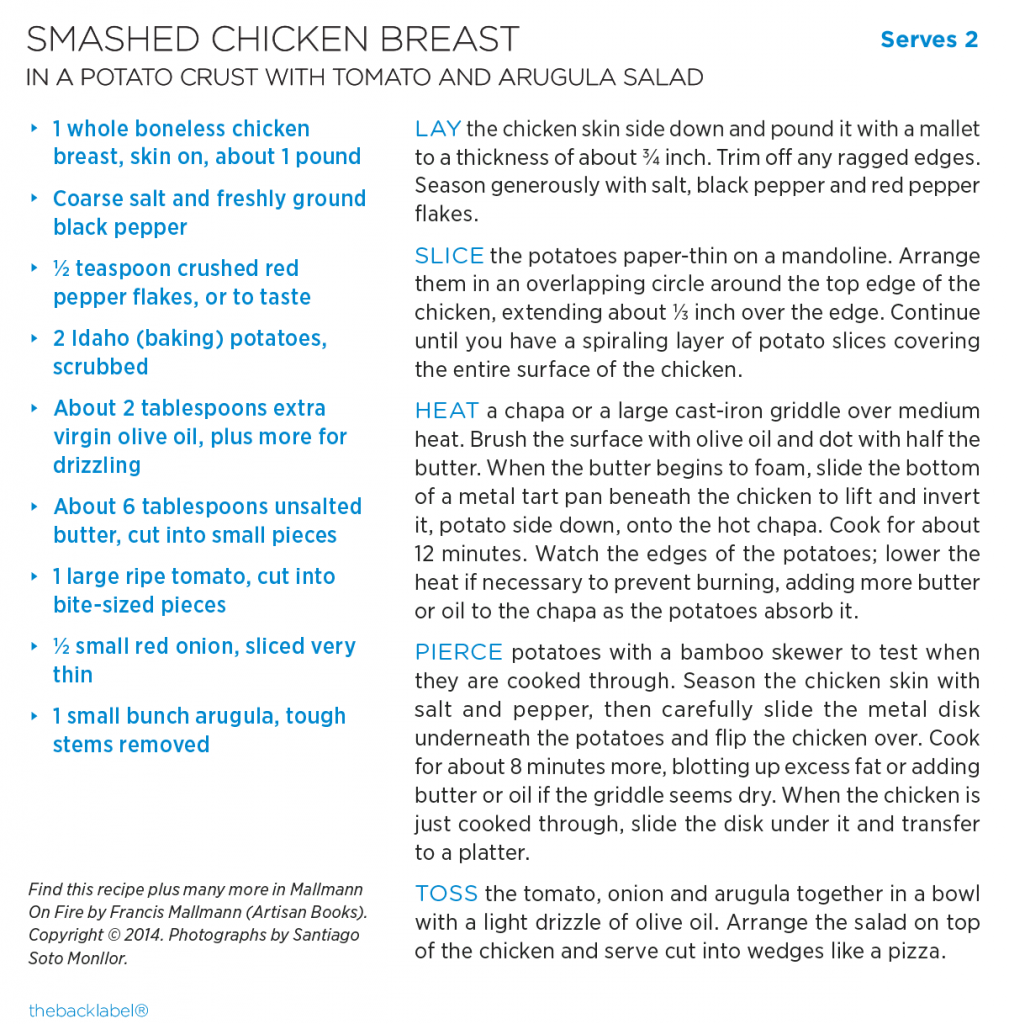 Smashed Chicken Breast in a Potato Crust with Tomato and Arugala Salad